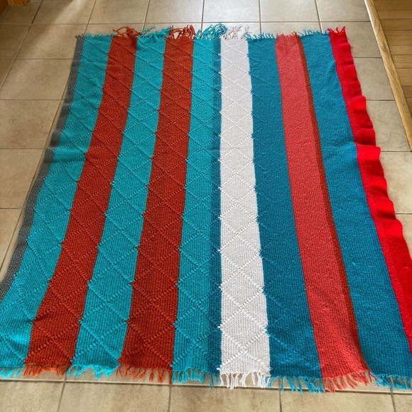 Afghan Knit Crochet Blanket Throw Handmade Turquoise Coral White Stripe 65x54 - Picture 4 of 7